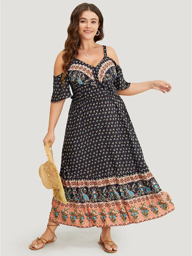 Bandana Print Pocket Ruffle Trim Cold Shoulder Maxi Dress sold by Bloomchic