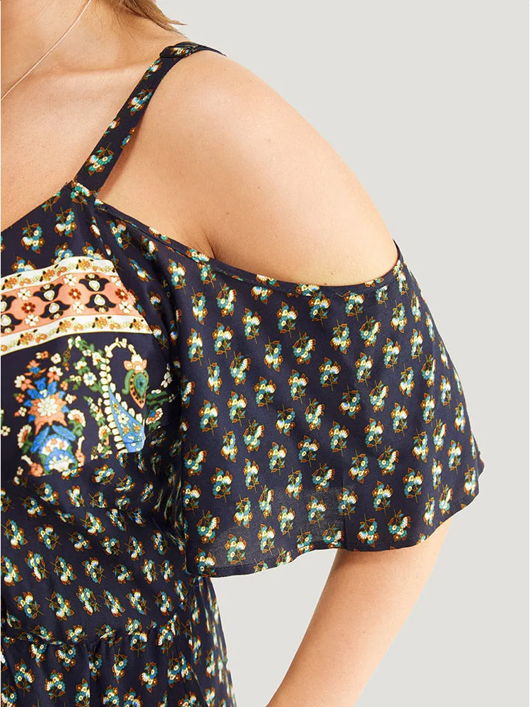 Bandana Print Pocket Ruffle Trim Cold Shoulder Maxi Dress sold by Bloomchic product image thumbnail 5