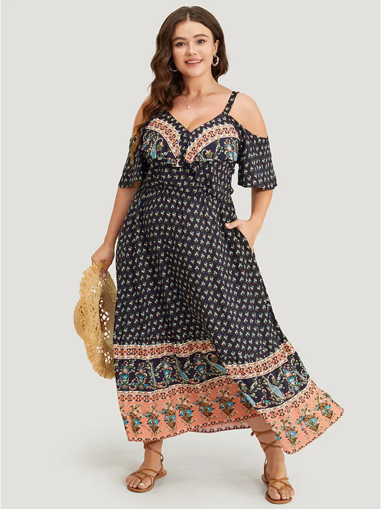 Bandana Print Pocket Ruffle Trim Cold Shoulder Maxi Dress sold by Bloomchic product image thumbnail 2