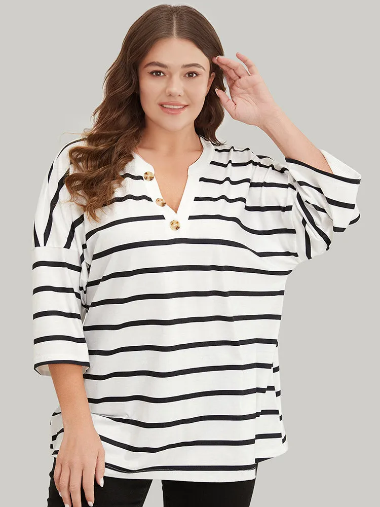 Striped Print Button Detail Notched T-shirt sold by Bloomchic product image thumbnail 3