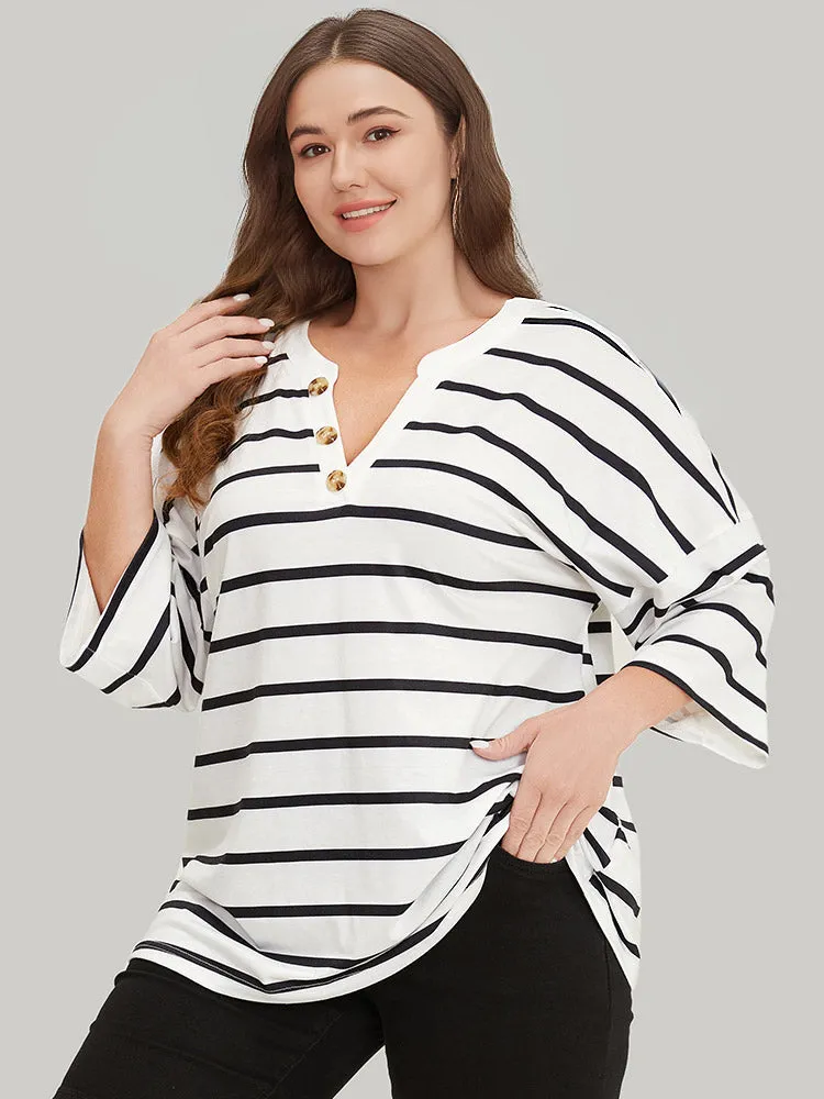 Striped Print Button Detail Notched T-shirt sold by Bloomchic