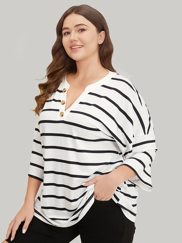 Striped Print Button Detail Notched T-shirt sold by Bloomchic product image thumbnail 5