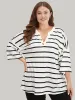Striped Print Button Detail Notched T-shirt sold by Bloomchic