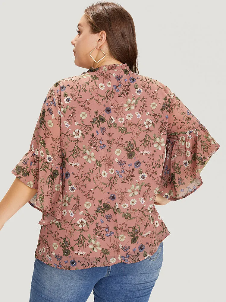 Floral Tie Neck Frill Trim Bell Sleeve Blouse sold by Bloomchic product image thumbnail 5