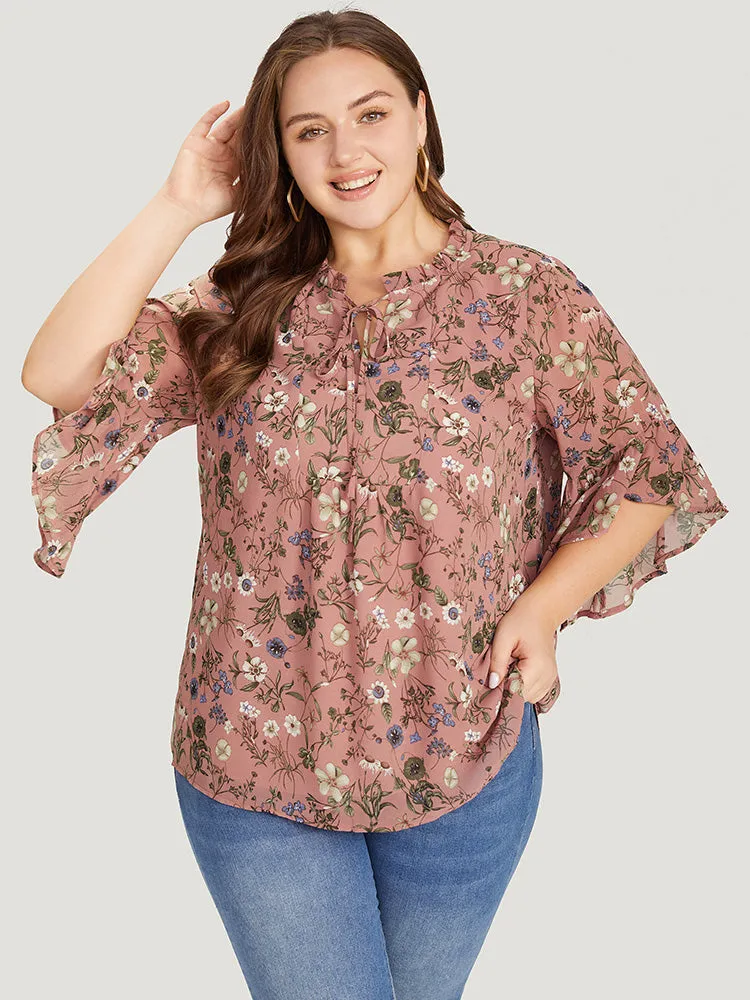 Floral Tie Neck Frill Trim Bell Sleeve Blouse sold by Bloomchic product image thumbnail 3