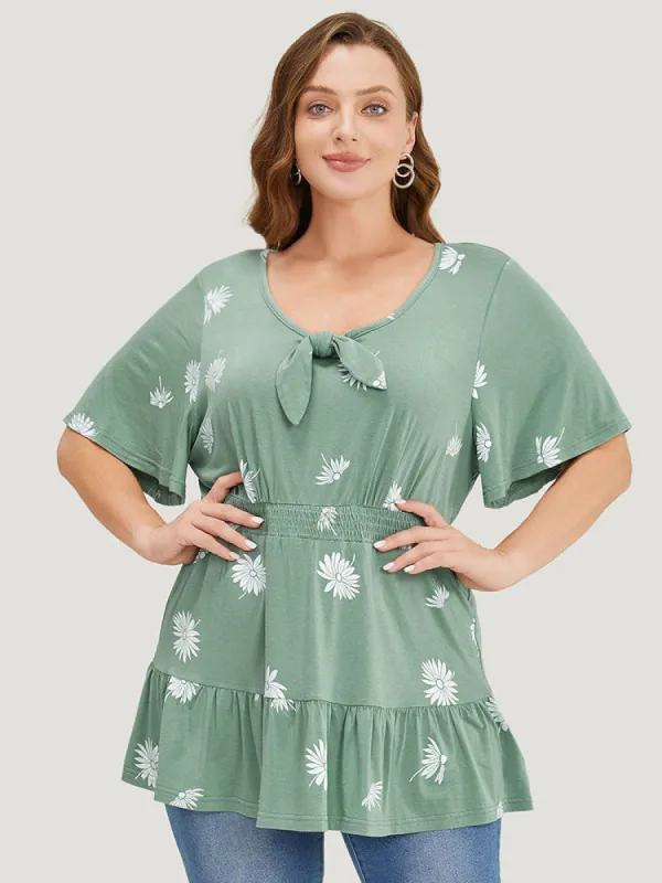 Daisy Floral Shirred Flutter Hem Bowknot T-shirt sold by Bloomchic
