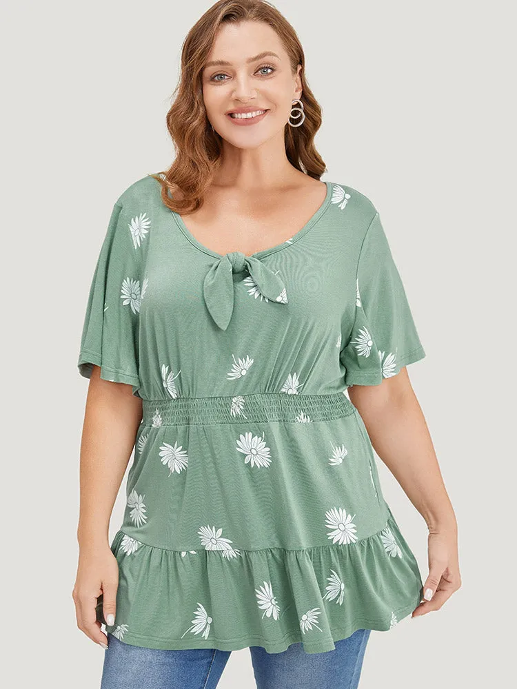 Daisy Floral Shirred Flutter Hem Bowknot T-shirt sold by Bloomchic product image thumbnail 3