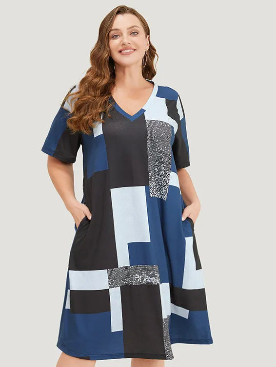 Geometric Contrast Pocket Midi Dress sold by Bloomchic