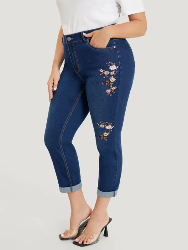 Straight Leg Very Stretchy Dark Wash Floral Embroidered Jeans sold by Bloomchic