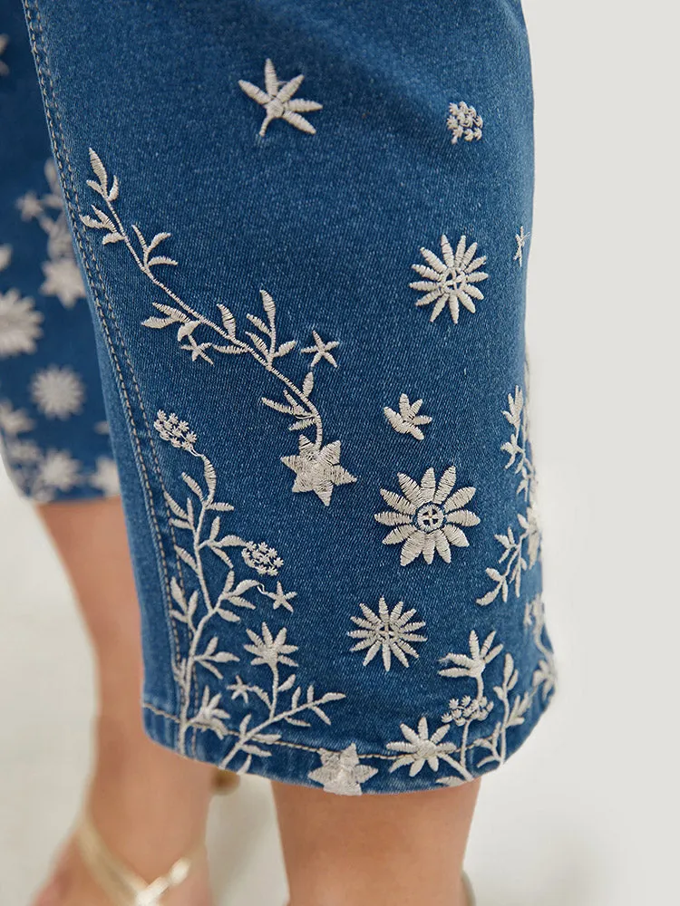 Very Stretchy High Rise Medium Wash Embroidered Hem Jeans sold by Bloomchic product image thumbnail 5