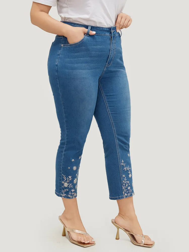 Very Stretchy High Rise Medium Wash Embroidered Hem Jeans sold by Bloomchic product image thumbnail 4