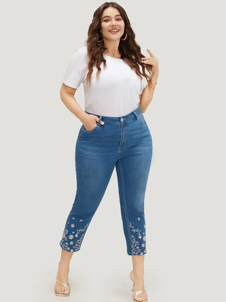 Very Stretchy High Rise Medium Wash Embroidered Hem Jeans sold by Bloomchic product image thumbnail 3