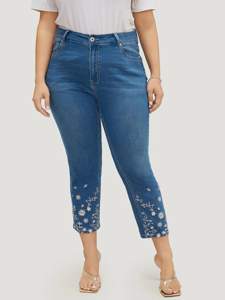 Very Stretchy High Rise Medium Wash Embroidered Hem Jeans sold by Bloomchic product image thumbnail 2