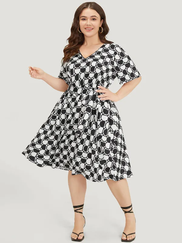Geometric Print Pocket Belted V Neck Dress sold by Bloomchic