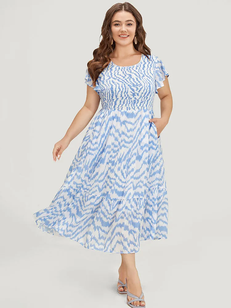 Water Ripple Shirred Ruffle Sleeve Pocket Belt Dress sold by Bloomchic