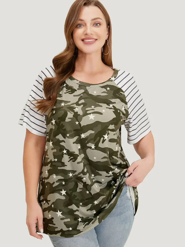 Camo & Striped Print Raglan Sleeve T-shirt sold by Bloomchic