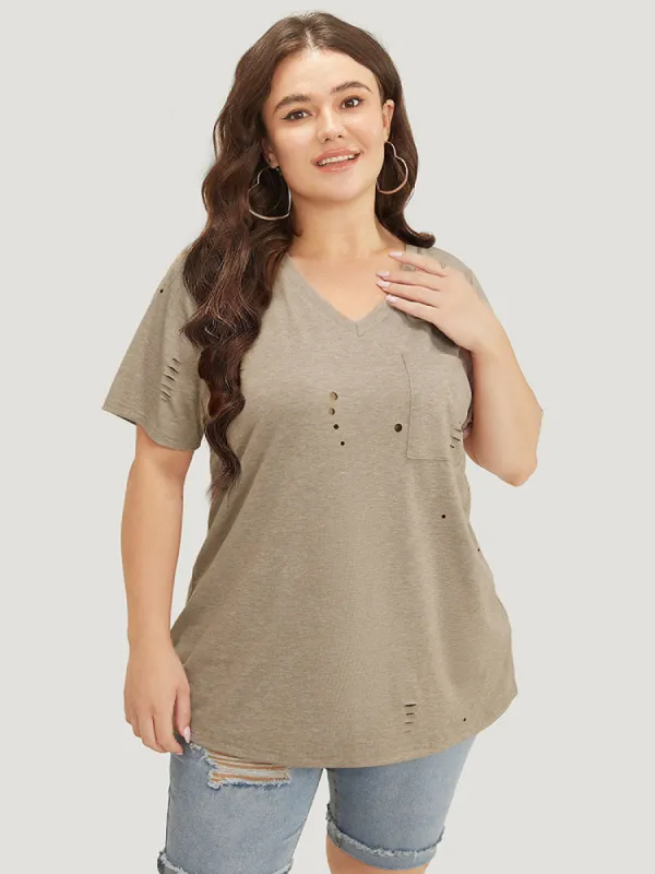 Solid Distressed Detail Pocket T-shirt made by Bloomchic