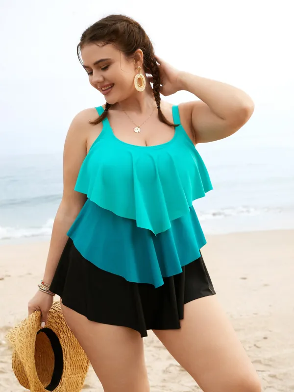 Colorblock Contrast Ruffle Layered Hem Tankini Top sold by Bloomchic