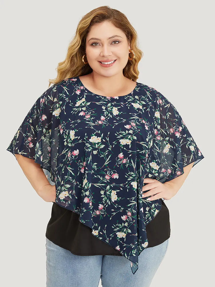 Floral Round Neck Mesh Asymmetrical Hem Blouse sold by Bloomchic product image thumbnail 5