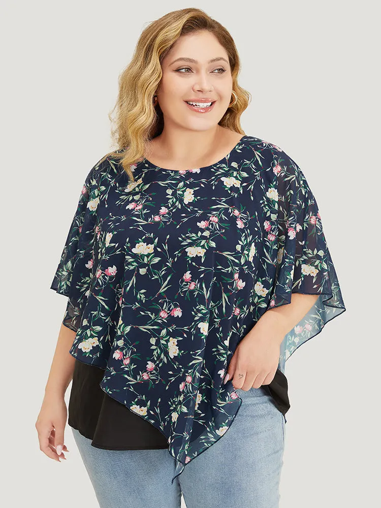 Floral Round Neck Mesh Asymmetrical Hem Blouse sold by Bloomchic product image thumbnail 2