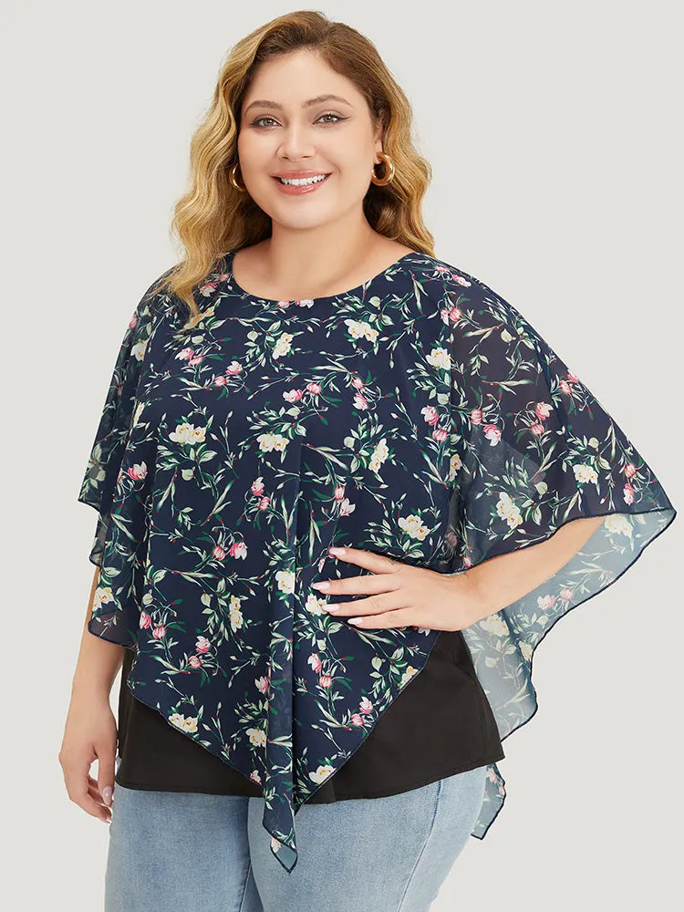 Floral Round Neck Mesh Asymmetrical Hem Blouse sold by Bloomchic product image thumbnail 3