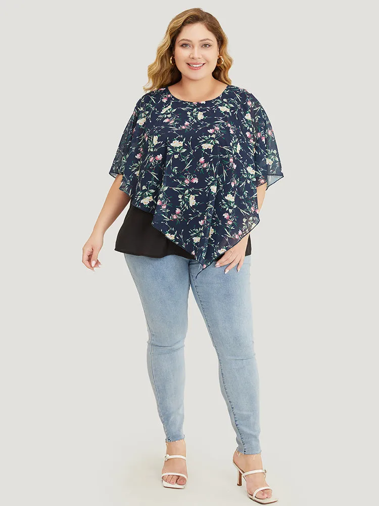 Floral Round Neck Mesh Asymmetrical Hem Blouse sold by Bloomchic product image thumbnail 4