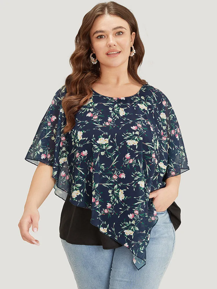 Floral Round Neck Mesh Asymmetrical Hem Blouse sold by Bloomchic