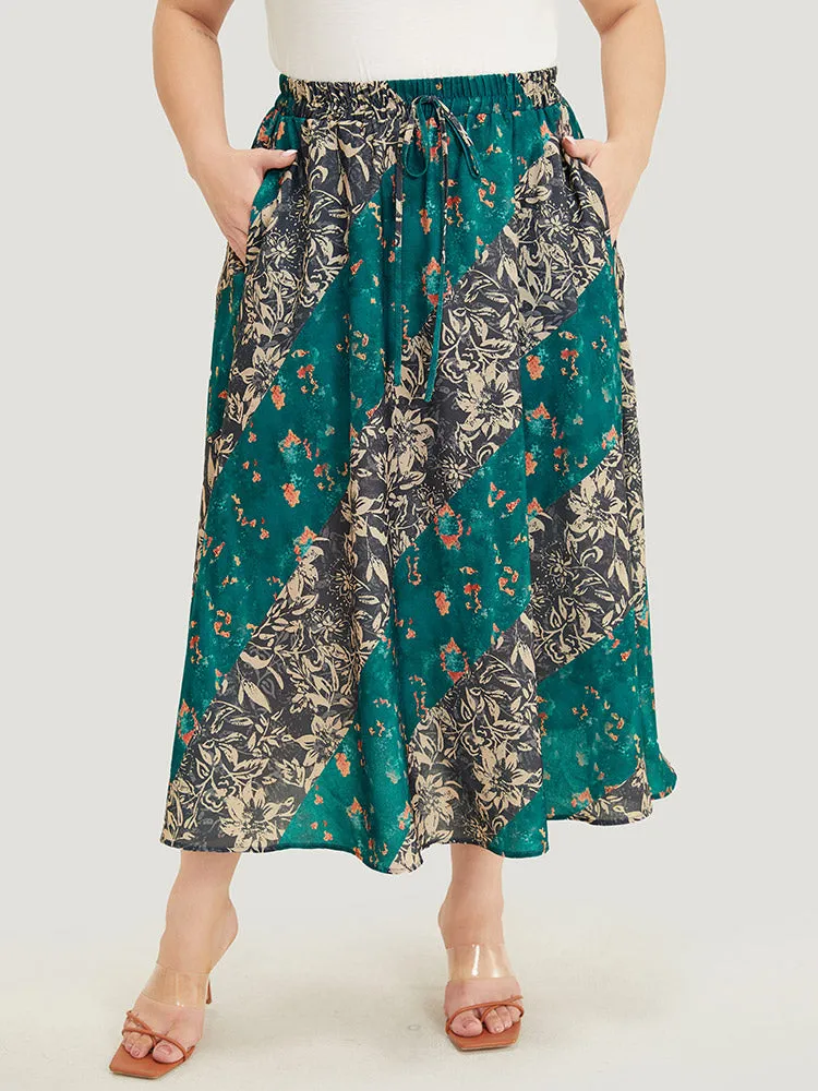 Floral Contrast Pocket Knot Front Skirt sold by Bloomchic