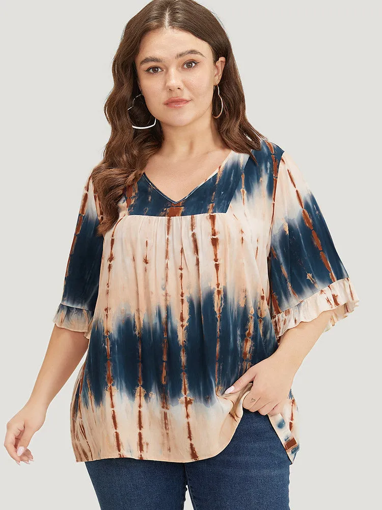 Tie Dye V Neck Flounce Sleeve Blouse sold by Bloomchic