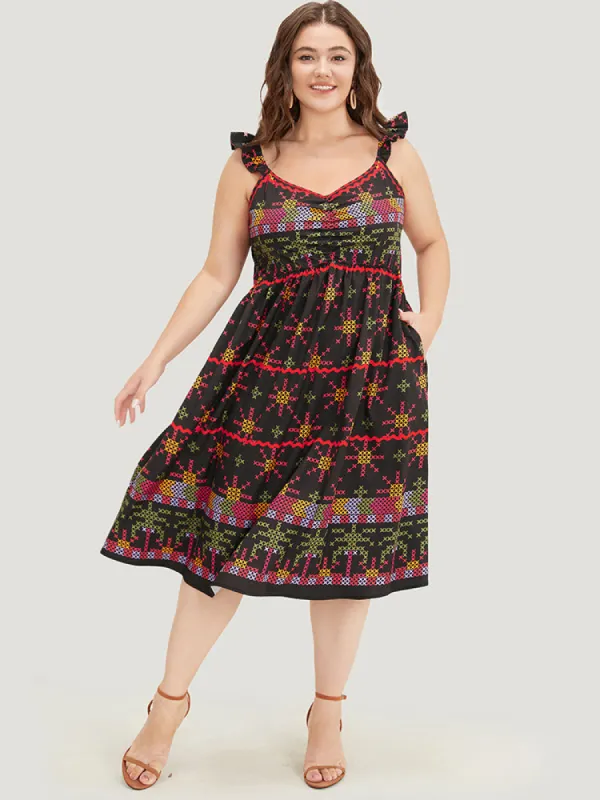 Geometric Print Ruffle Trim Pocket Ruched Detail Cami Dress sold by Bloomchic
