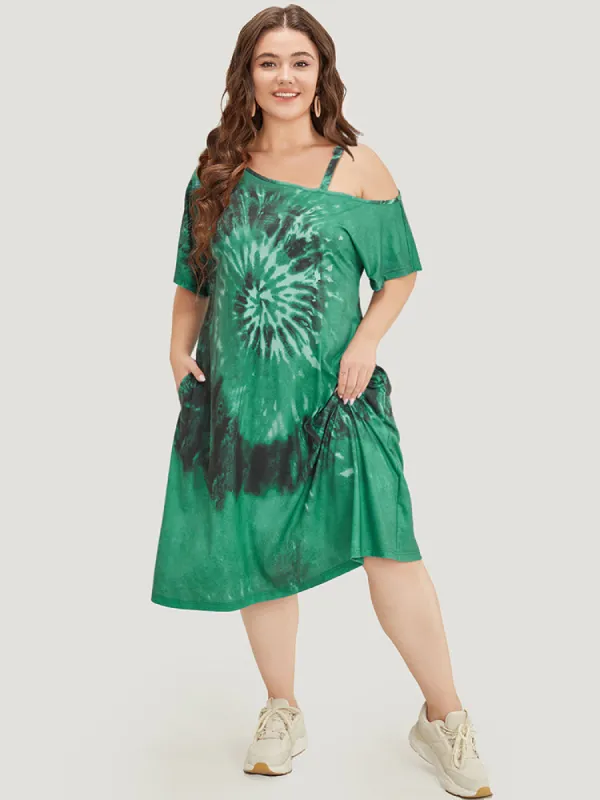 Tie Dye Pocket Adjustable Strap Asymmetrical Neck Dress sold by Bloomchic