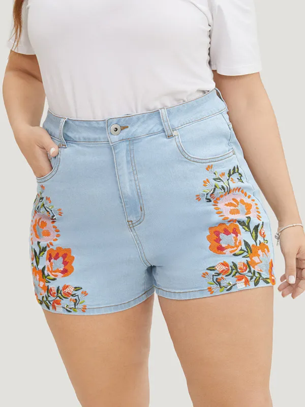 High Rise Light Wash Floral Embroidered Denim Shorts sold by Bloomchic