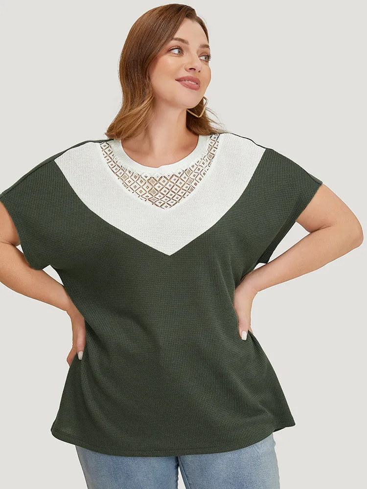 Colorblock Contrast Lace Waffle Knit Batwing Sleeve T-shirt sold by Bloomchic product image thumbnail 3