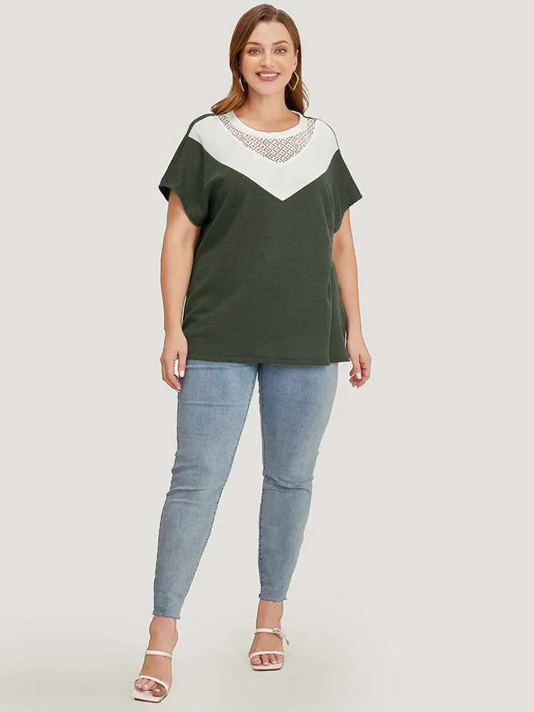 Colorblock Contrast Lace Waffle Knit Batwing Sleeve T-shirt sold by Bloomchic product image thumbnail 4