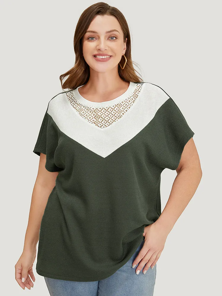 Colorblock Contrast Lace Waffle Knit Batwing Sleeve T-shirt sold by Bloomchic