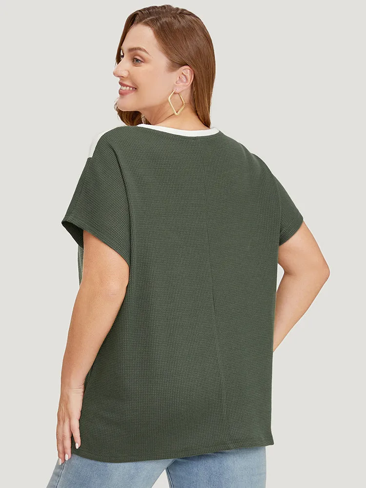 Colorblock Contrast Lace Waffle Knit Batwing Sleeve T-shirt sold by Bloomchic product image thumbnail 2