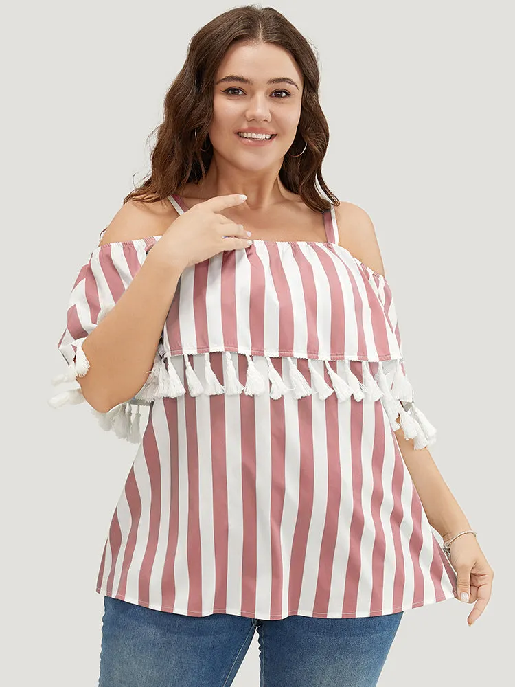 Striped Print Tassels Trim Cold Shoulder Blouse sold by Bloomchic product image thumbnail 2