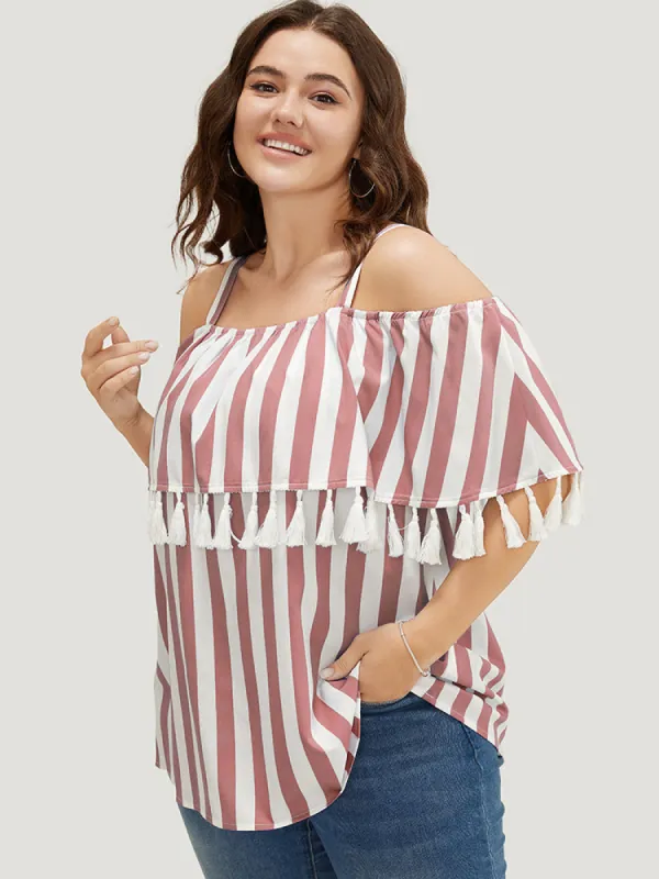 Striped Print Tassels Trim Cold Shoulder Blouse sold by Bloomchic