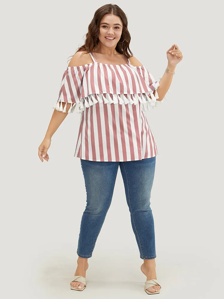 Striped Print Tassels Trim Cold Shoulder Blouse sold by Bloomchic product image thumbnail 4