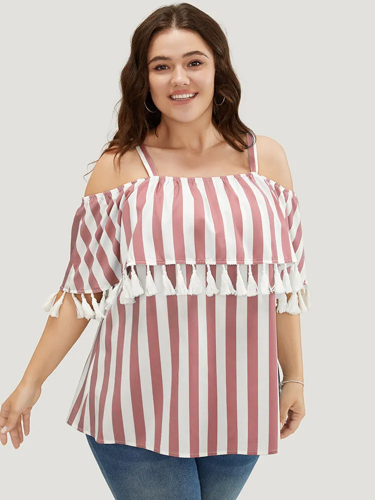 Striped Print Tassels Trim Cold Shoulder Blouse sold by Bloomchic product image thumbnail 3