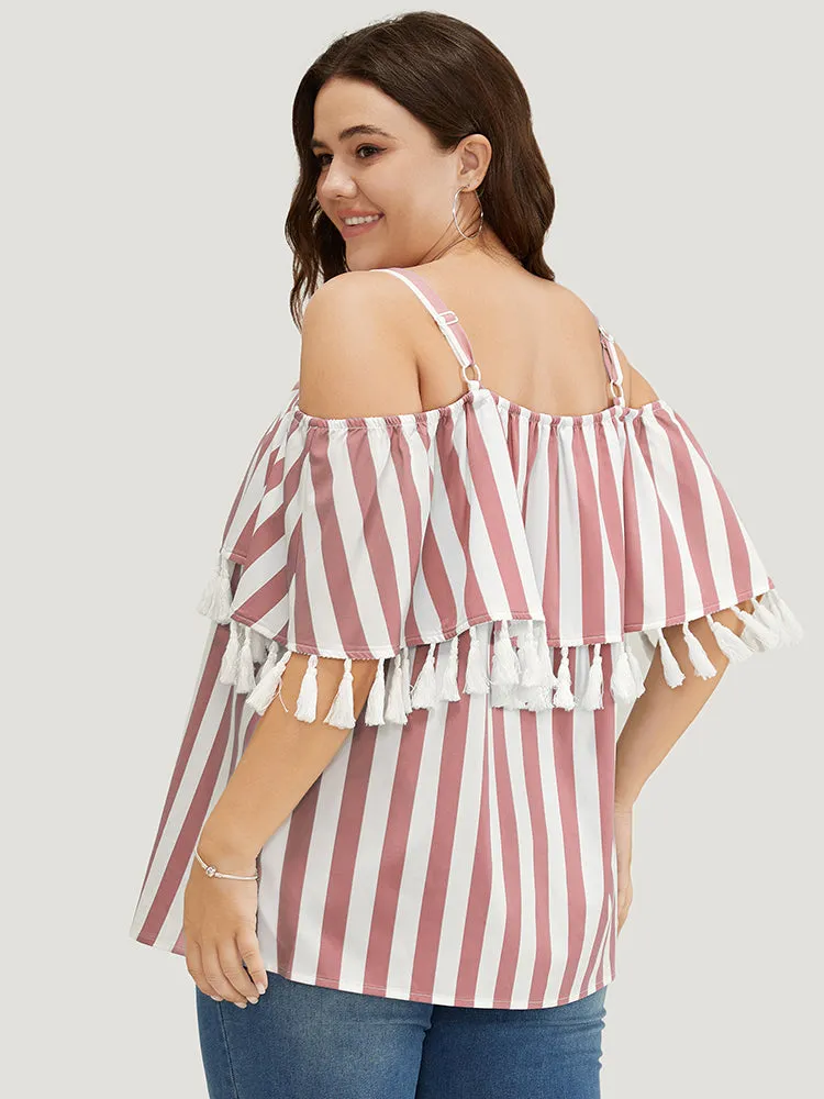 Striped Print Tassels Trim Cold Shoulder Blouse sold by Bloomchic product image thumbnail 5