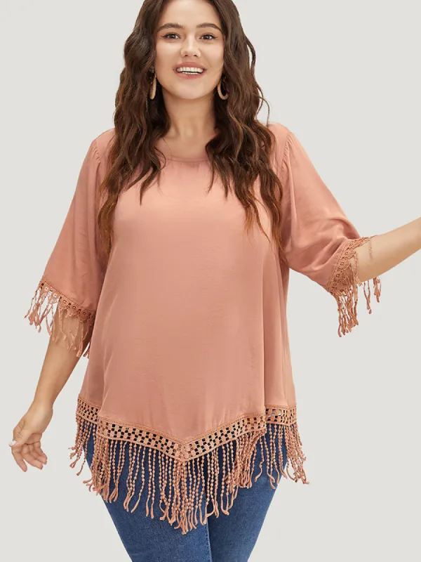 Plain Round Neck Asymmetrical Lace Fringe Hem Blouse sold by Bloomchic