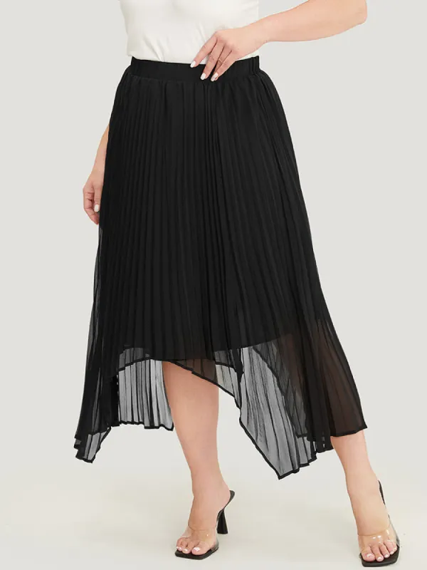 Solid Mesh Pleated Detail Hanky Hem Skirt sold by Bloomchic