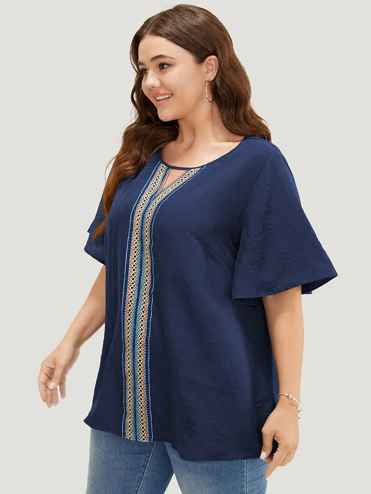 Plain Contrast Tape Keyhole Neck Ruffle Sleeve Blouse sold by Bloomchic product image thumbnail 4