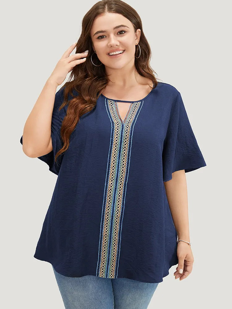 Plain Contrast Tape Keyhole Neck Ruffle Sleeve Blouse sold by Bloomchic