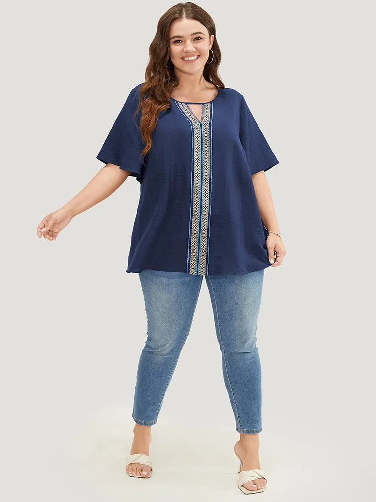 Plain Contrast Tape Keyhole Neck Ruffle Sleeve Blouse sold by Bloomchic product image thumbnail 5