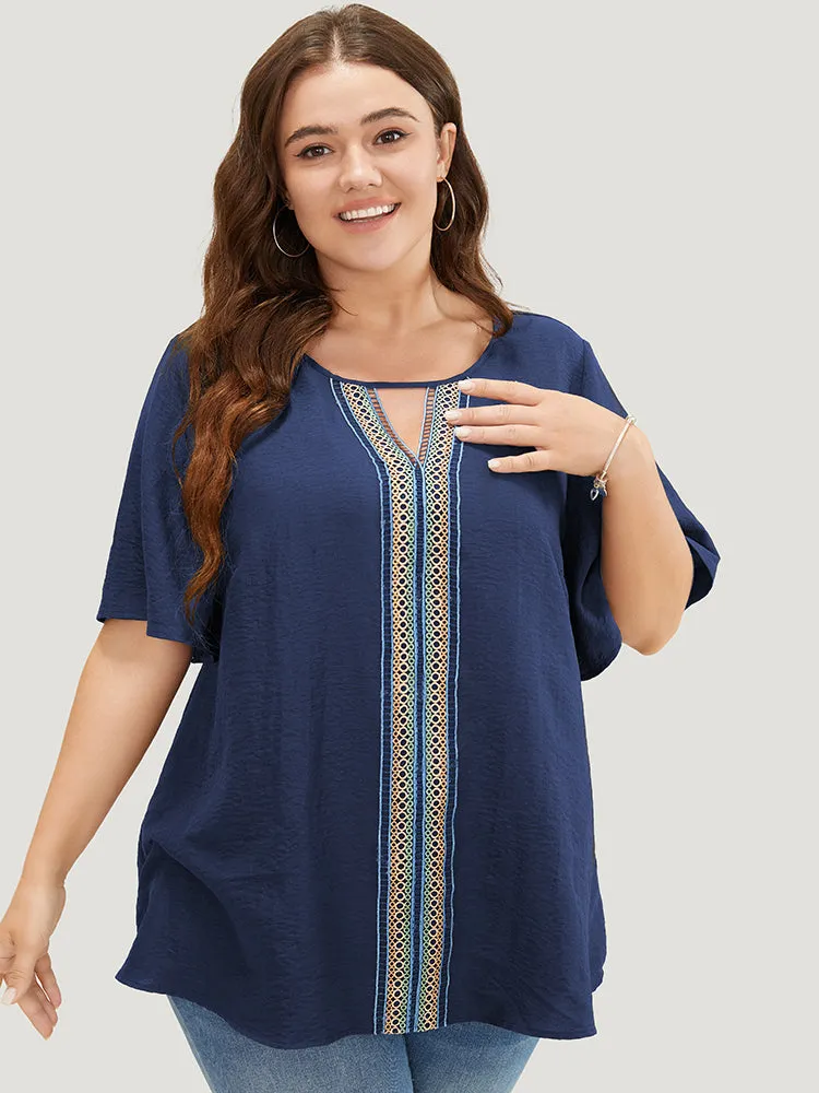 Plain Contrast Tape Keyhole Neck Ruffle Sleeve Blouse sold by Bloomchic product image thumbnail 2