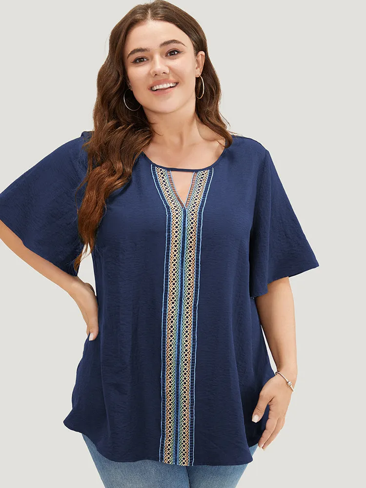 Plain Contrast Tape Keyhole Neck Ruffle Sleeve Blouse sold by Bloomchic product image thumbnail 3