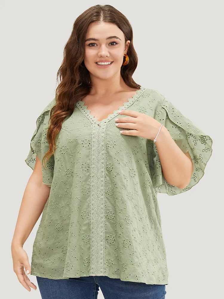 Solid Broderie Anglaise Split Sleeve Contrast Lace Blouse sold by Bloomchic