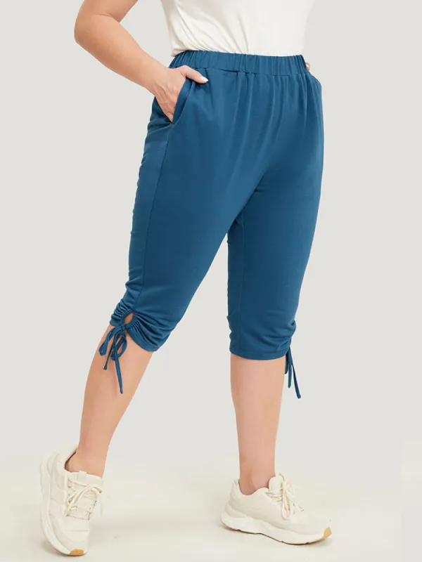 Solid Pocket Ruched Drawstring Hem Knee Pants sold by Bloomchic